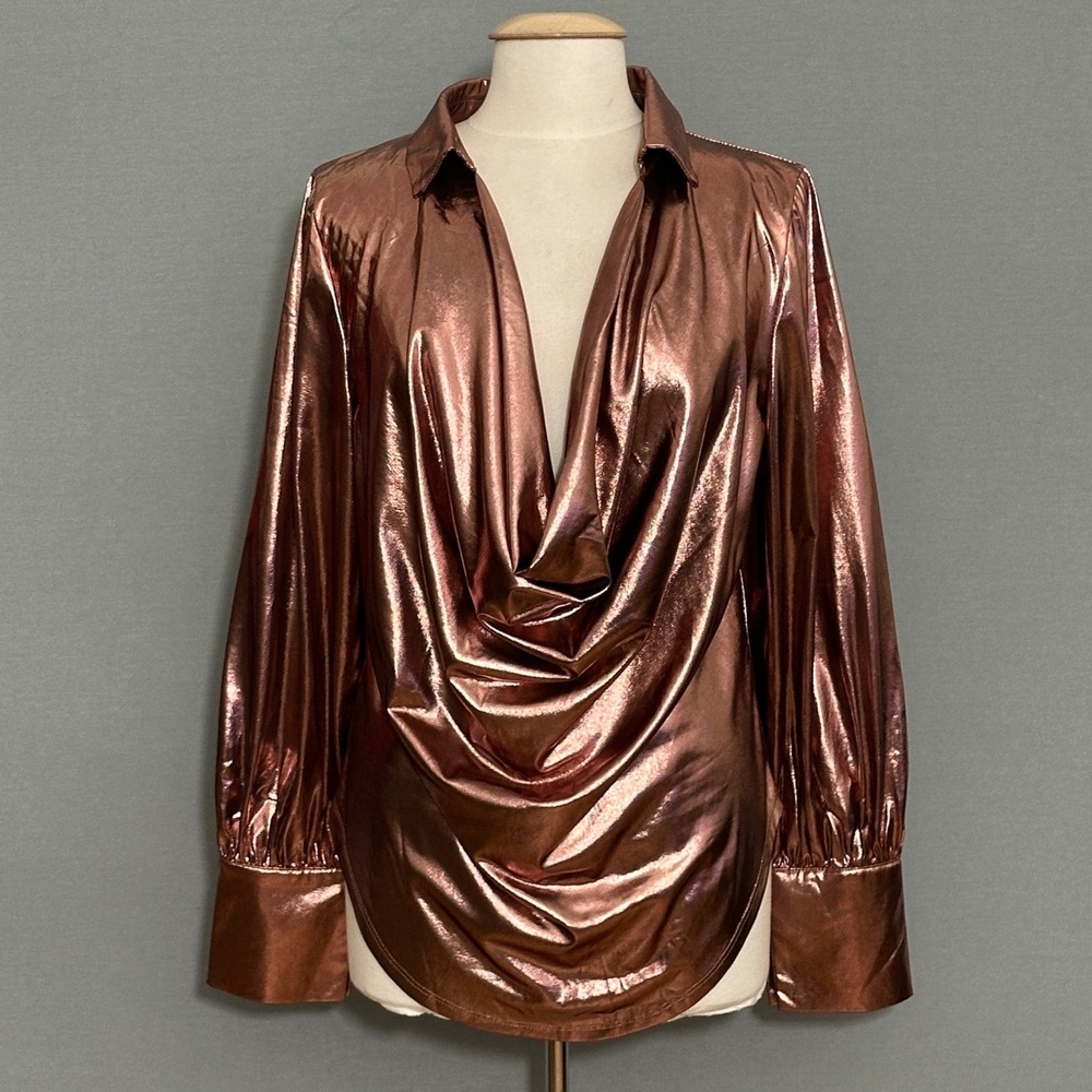 SHEINSXY Womens Top M Rose Gold Metallic Cowl Neck Shiny Shimmer Party Nigt Out